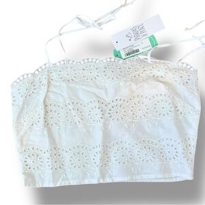 Patrons of Peace White Olivio Eyelet Smocked Back Cotton Crop Scallop Top Large